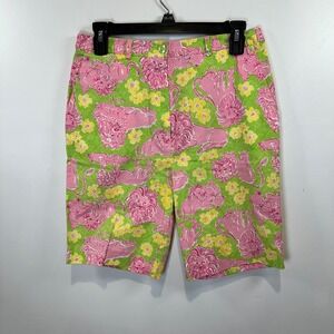 90s Lilly Pulitzer Bermuda Shorts Pink and Green‎ Lion Print Size 4